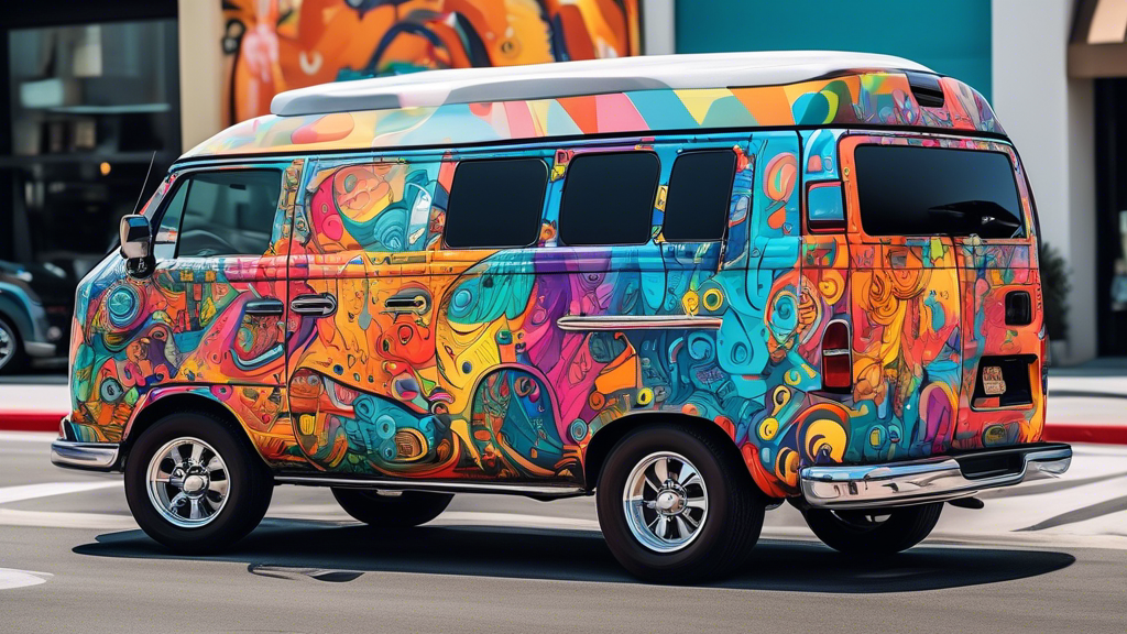 Detailed and colorful van wraps with modern, eye-catching designs traveling through the bustling streets of Los Angeles, showcasing various businesses.